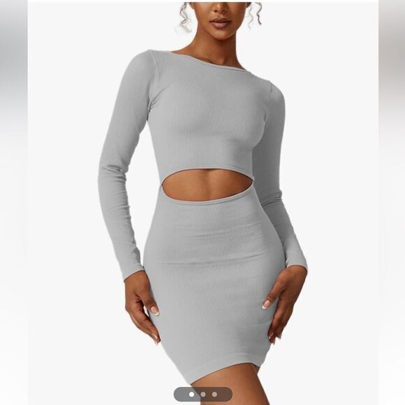 Cut Out Waist Bodycon Dress Long Sleeve Mini Hourglass Shape Wear Dress - Picture 1 of 9